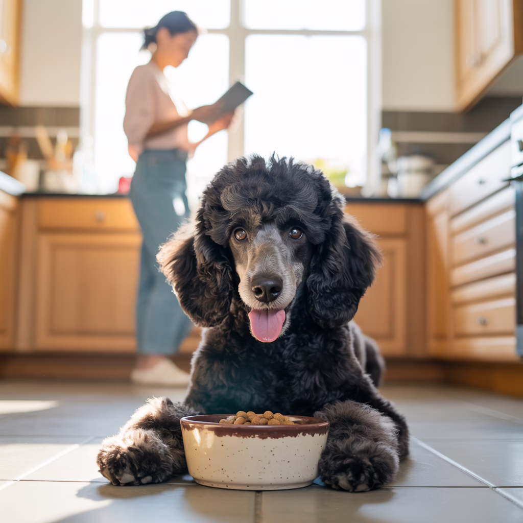 Poodle with food dish